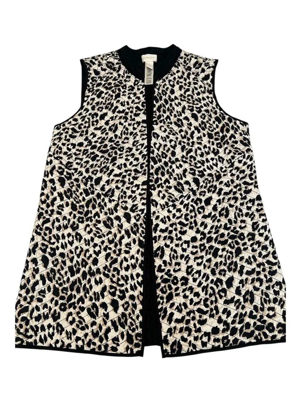 Chico's Black & Cream Quilted Animal-Print Open Front Vest Size 1/M EUC